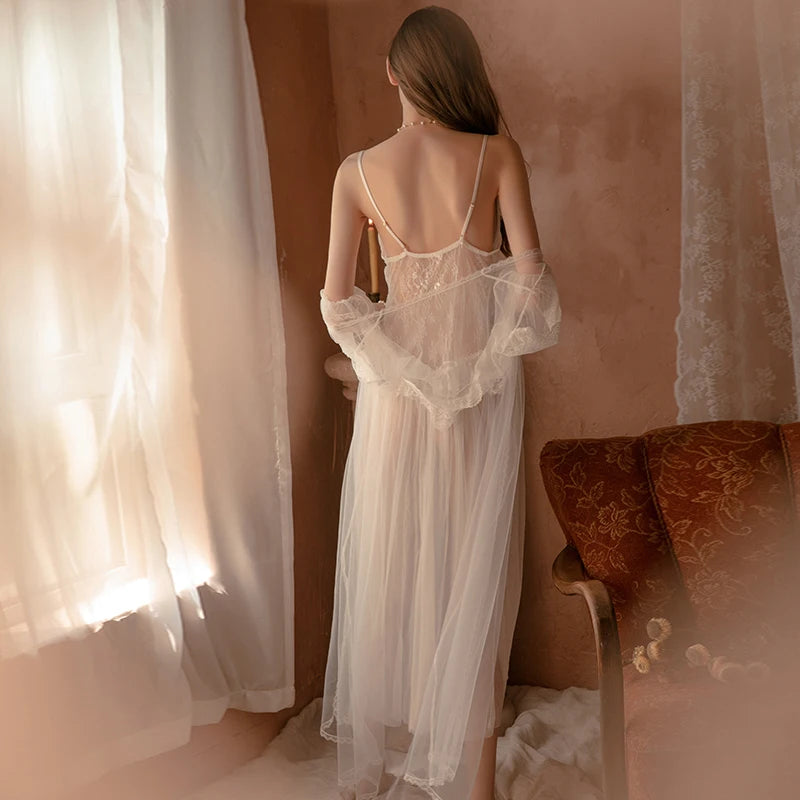 Lace Mesh Nightgown Long Bride Robe - Palace Style Set