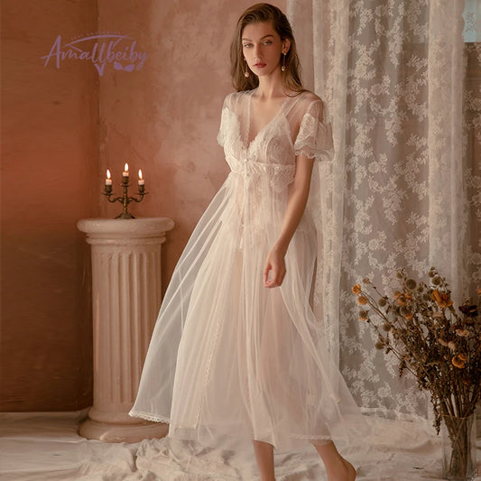 Lace Mesh Nightgown Long Bride Robe - Palace Style Set