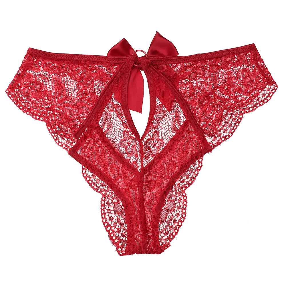 Lace Hollow Out Underwear with Bow - Delicate Mid-Rise