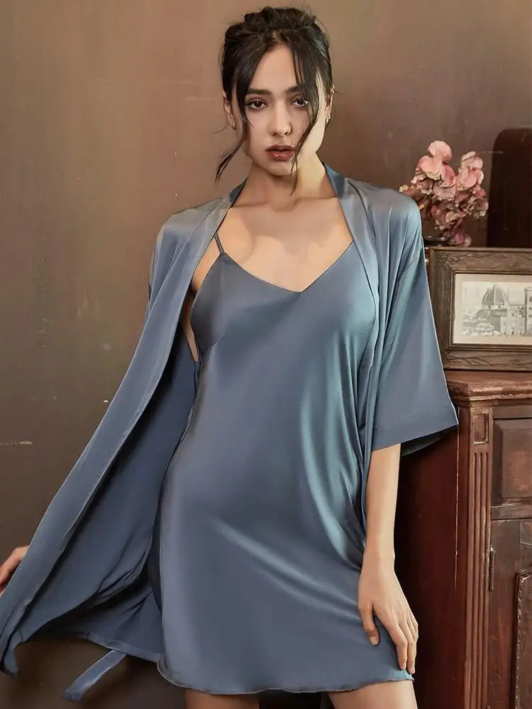 Casual Intimate Satin Robe Set - Vintage Half Sleeve Design