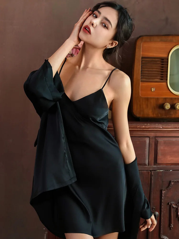 Casual Intimate Satin Robe Set - Vintage Half Sleeve Design
