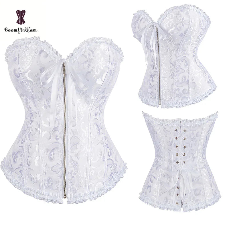 Front Zip Slimming Lace Up Boned Corset with G-String - 12 Bone Support