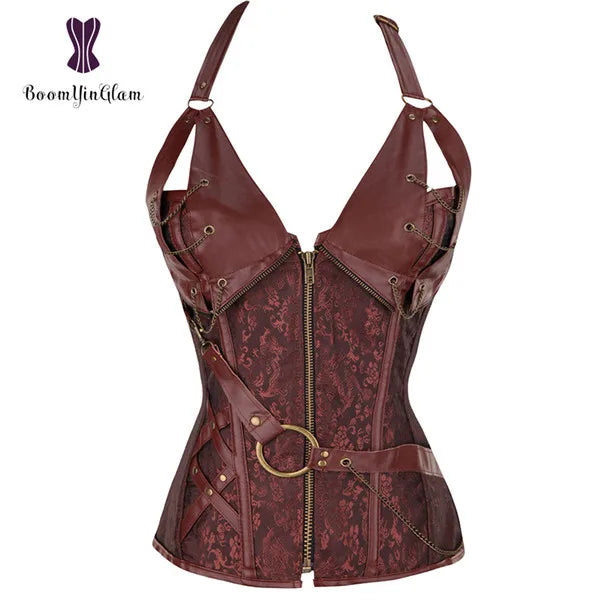 Plus Size Zip Up Steampunk Halter Leather Corset - 14 Steel Bones