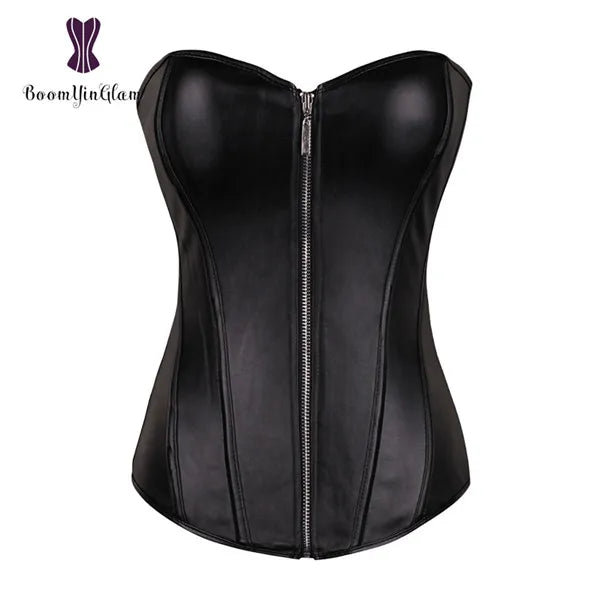 Punk Style Push Up Faux Leather Corset with Zip - 14 Bone Structure