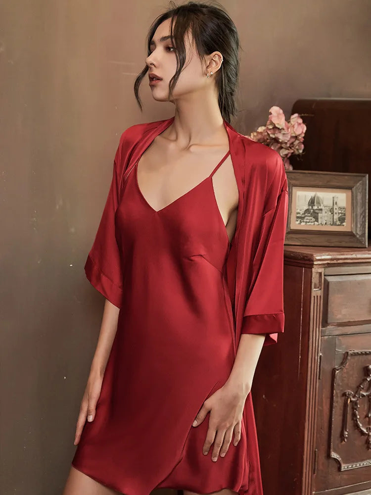 Casual Intimate Satin Robe Set - Vintage Half Sleeve Design