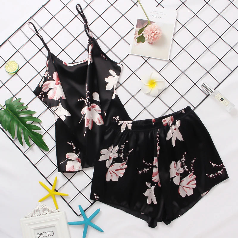 Floral Pajama Set - V-Neck Sleeveless Summer Design