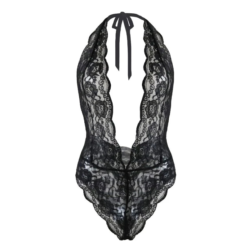 V-Neck Lace Spliced Erotic Lingerie - Elegant Sensuality
