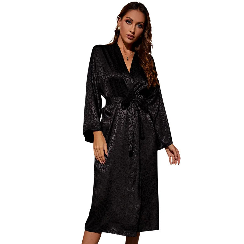 Black Print Leopard Kimono with Belt - Mid-Calf Faux Silk