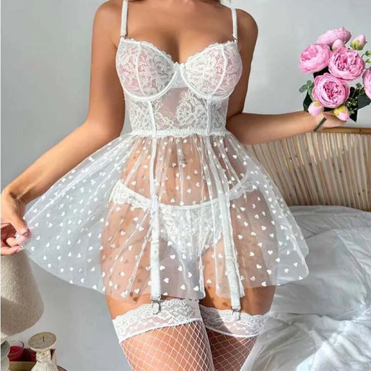 Sexy Lace Mesh Lingerie Set - Floral Voile Babydoll