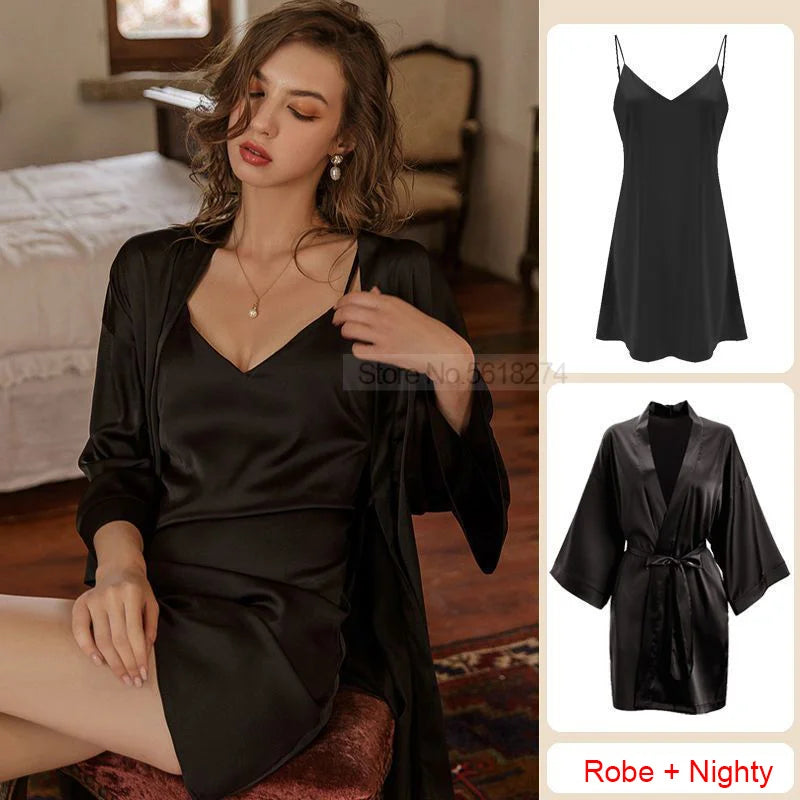 Casual Intimate Satin Robe Set - Vintage Half Sleeve Design