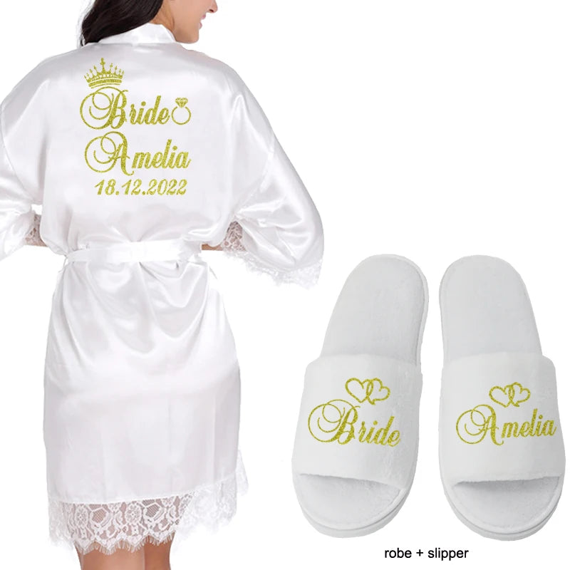 Classy White Lace Bridal Robe - Faux Silk with Accessories