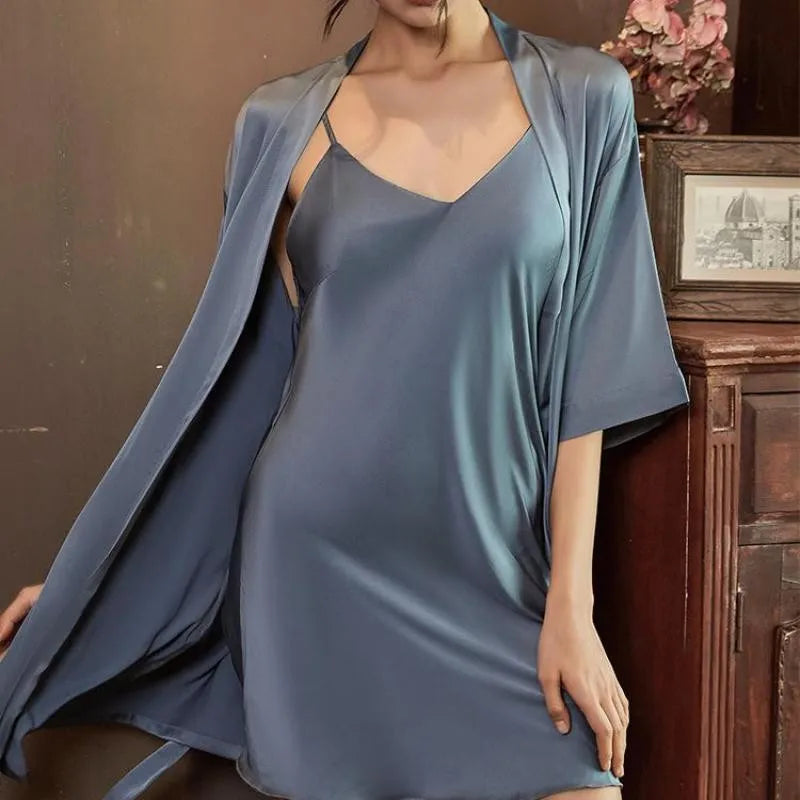 Casual Intimate Satin Robe Set - Vintage Half Sleeve Design
