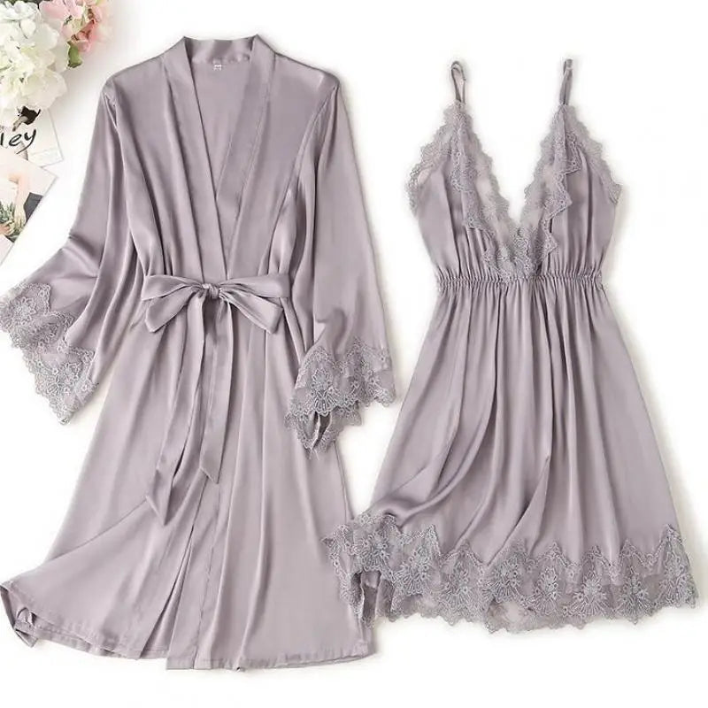 Belted Lace Trim Kimono