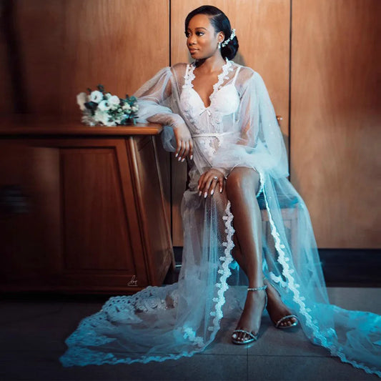 White Lace Long Bridal Nightgown - Elegant Applique Design