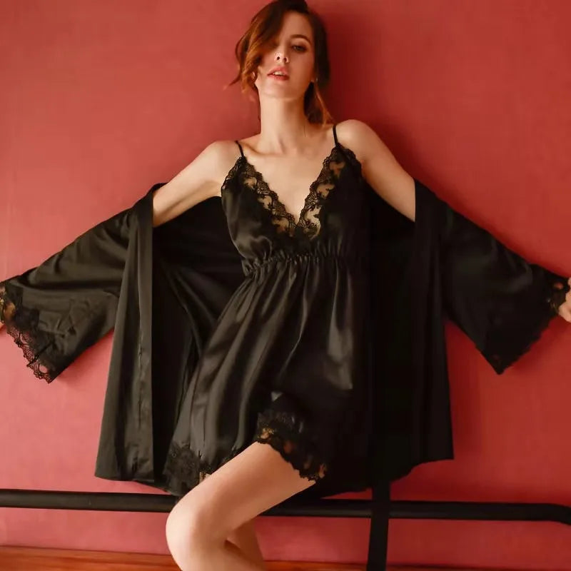 Belted Lace Trim Kimono