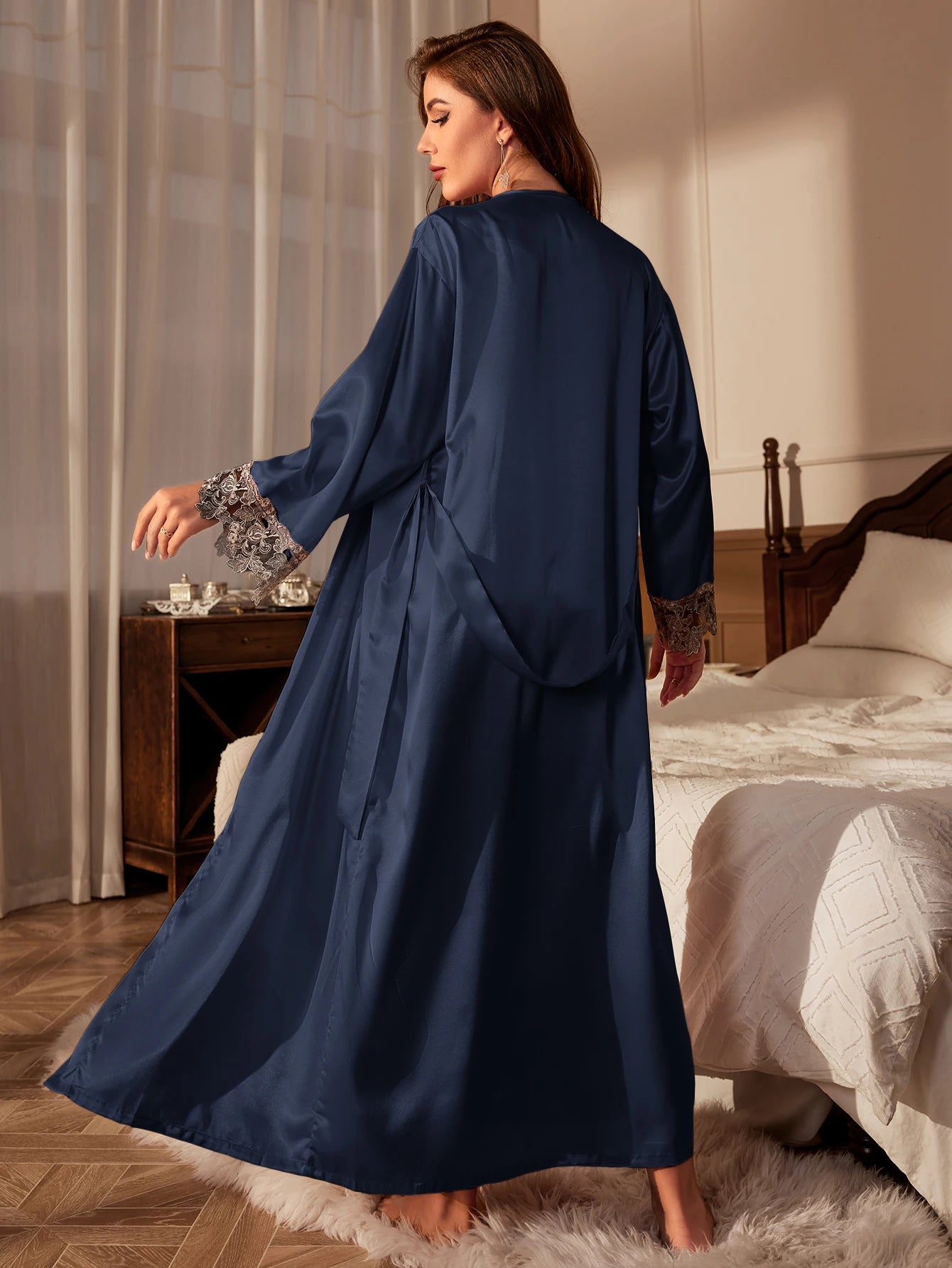 Lace Trim Satin Kimono