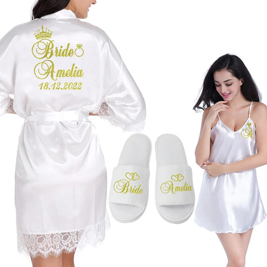 Classy White Lace Bridal Robe - Faux Silk with Accessories