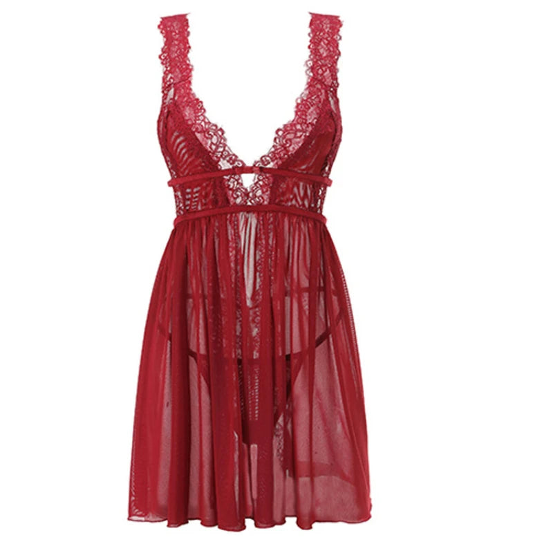 Alluring Lace Mesh Nightdress - Elegant Babydoll Lingerie