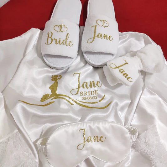 Classy White Lace Bridal Robe - Faux Silk with Accessories