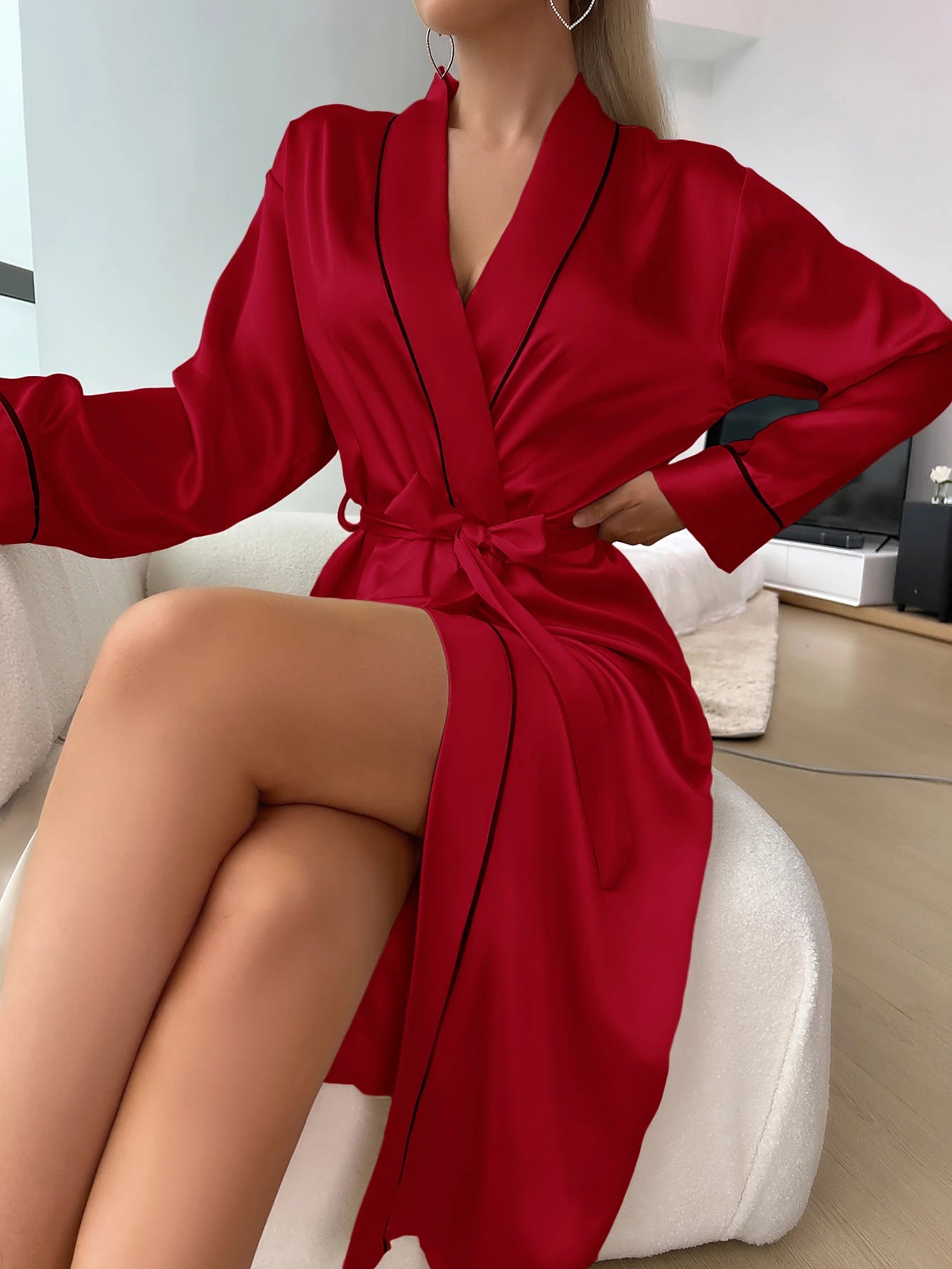 Satin Robe Sexy Solid Kimono - Knee-Length Luxury