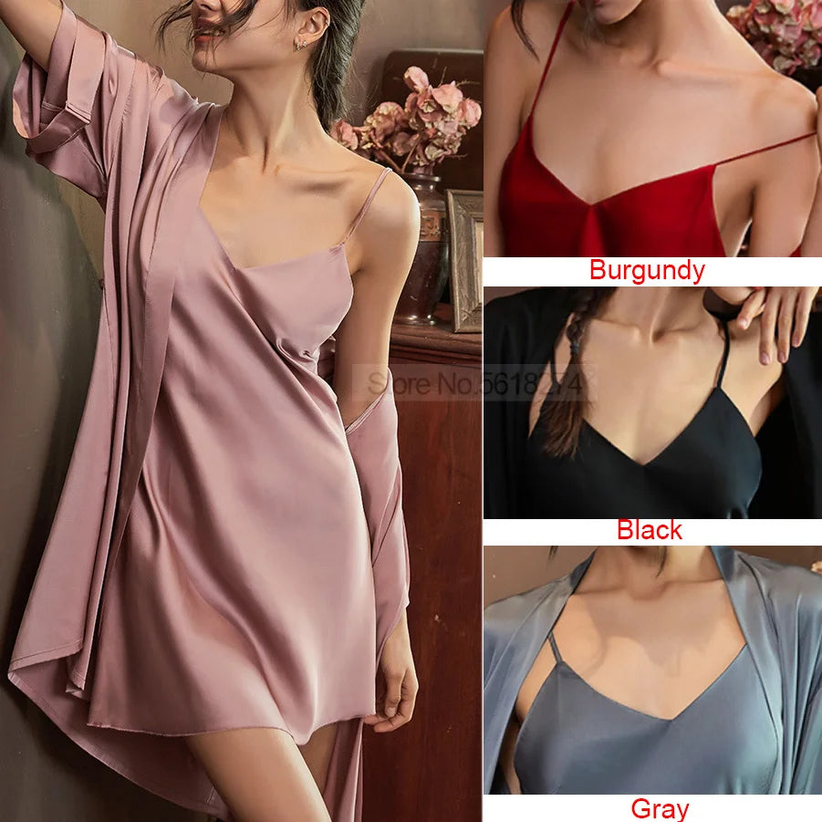 Casual Intimate Satin Robe Set - Vintage Half Sleeve Design