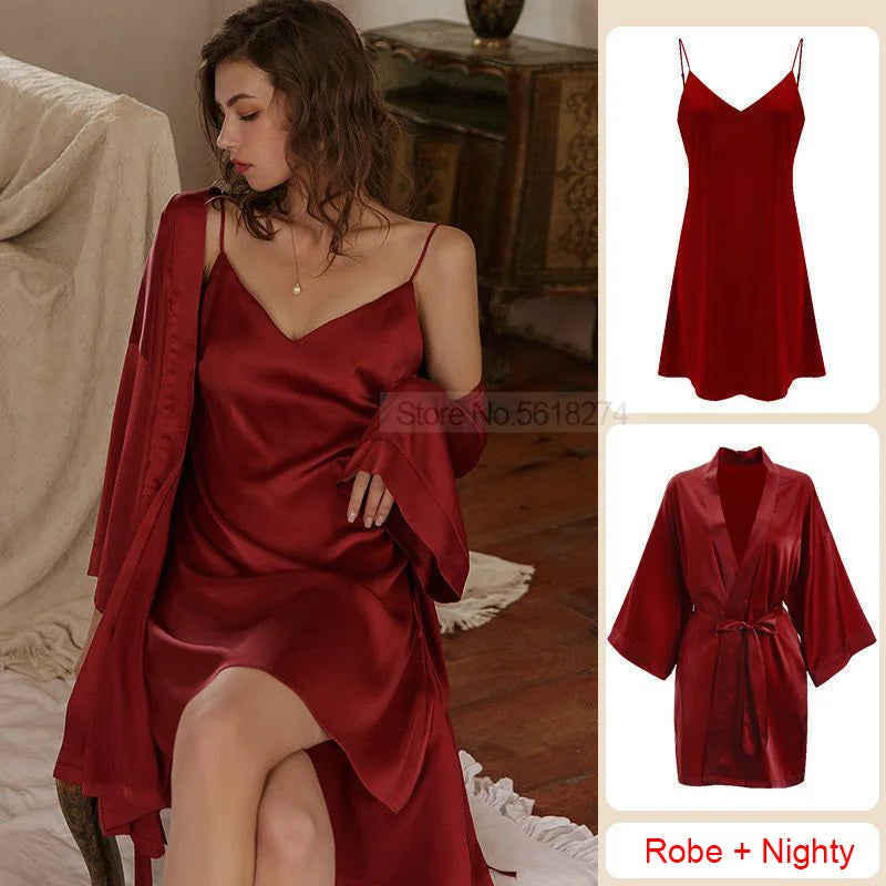 Casual Intimate Satin Robe Set - Vintage Half Sleeve Design