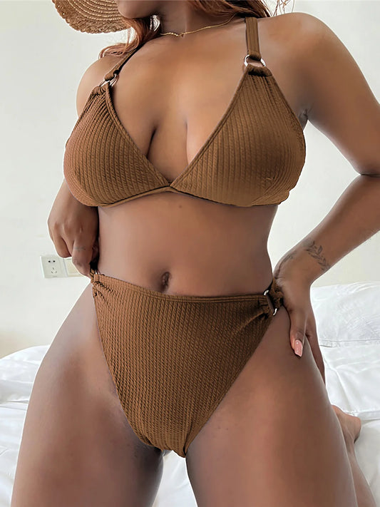 Ribbed Bikini Two-Piece Bikini Set - High Waist Elegance
