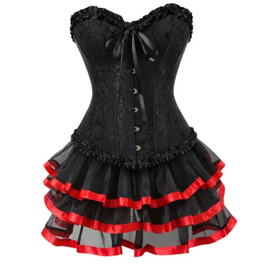 Sexy Jacquard Lace Up Corset - Ruffled Detail Design