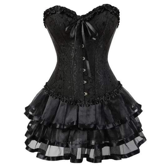 Sexy Jacquard Lace Up Corset - Ruffled Detail Design