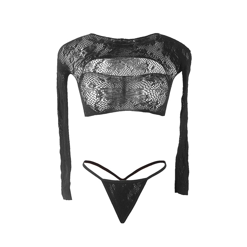 Hollow Out Long Sleeve Bra and Panty Set - Wire-Free Comfort